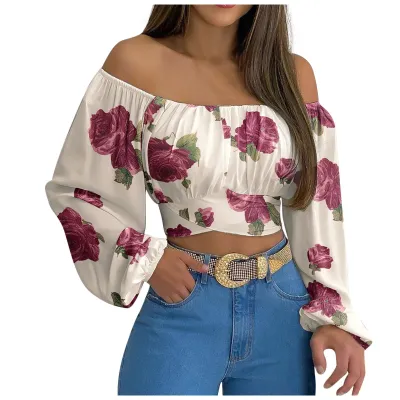 Women Off Shoulder Long Sleeve Floral Cropped Blouse