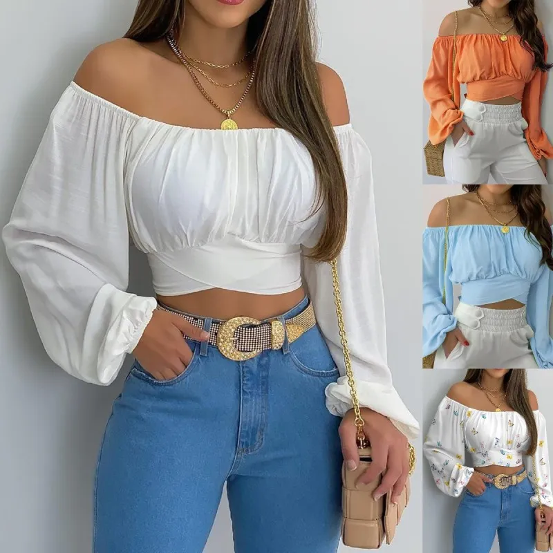 Women Off Shoulder Long Sleeve Floral Cropped Blouse