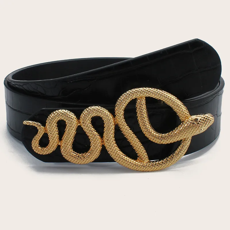 Women Fashion Snake Pattern Inlaid Pu Simple Pin Buckle Belt