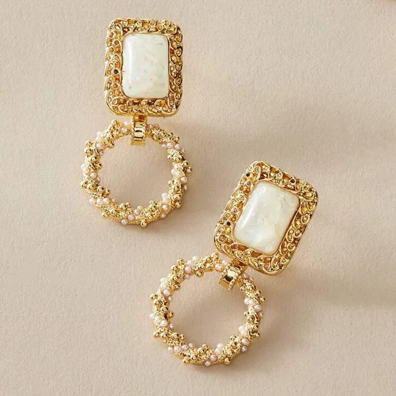 Women Fashion Retro Court Style Square Resin Geometric Round Pearl Earrings