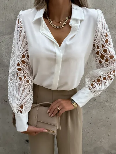 Solid Color Lace Lapel Long Sleeve Women Blouse