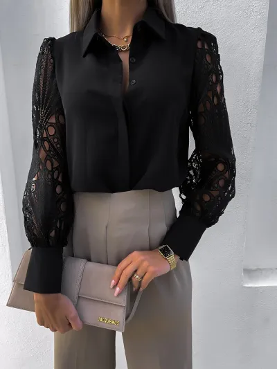 Solid Color Lace Lapel Long Sleeve Women Blouse