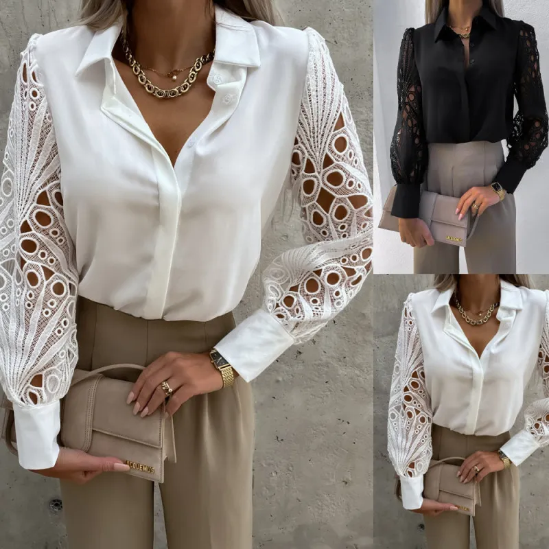 Solid Color Lace Lapel Long Sleeve Women Blouse