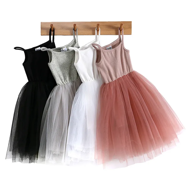 Children Kids Toddler Girls Mesh Sling Princess Dress Solid Color Cotton 95%