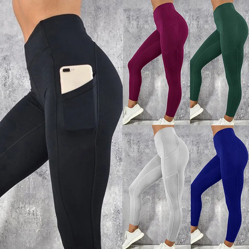 Women Solid Color Running Fitness Pocket Yoga Pants
