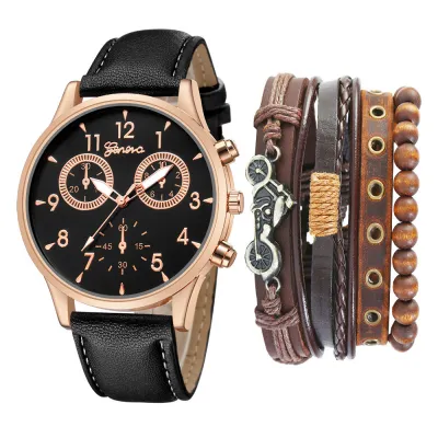 Men Casual Round Dial Two PU Strap Quartz Watch With Punk Bracelet 5pcs/Set