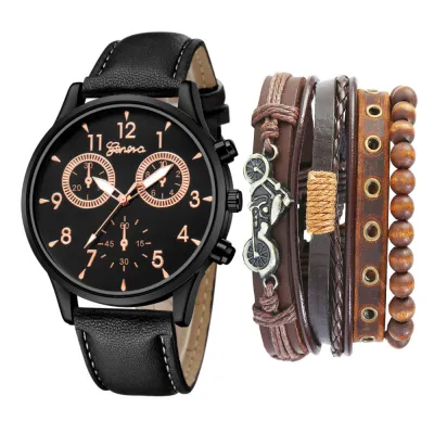 Men Casual Round Dial Two PU Strap Quartz Watch With Punk Bracelet 5pcs/Set