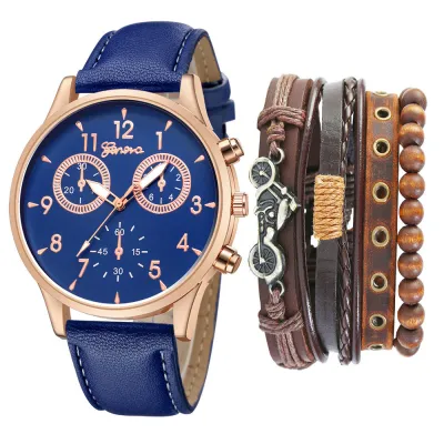 Men Casual Round Dial Two PU Strap Quartz Watch With Punk Bracelet 5pcs/Set