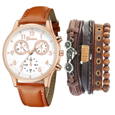 Men Casual Round Dial Two PU Strap Quartz Watch With Punk Bracelet 5pcs/Set