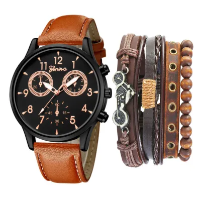 Men Casual Round Dial Two PU Strap Quartz Watch With Punk Bracelet 5pcs/Set