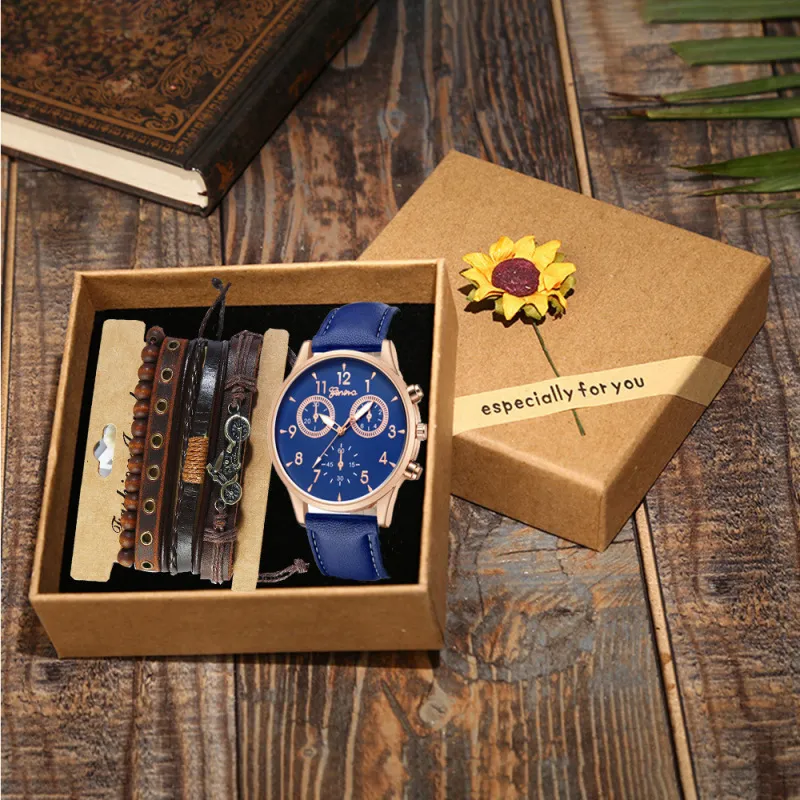 Men Casual Round Dial Two PU Strap Quartz Watch With Punk Bracelet 5pcs/Set
