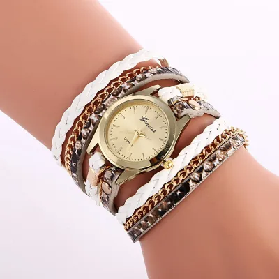 Women Casual Snake Print Braided Leather Strap Bracelet Watch