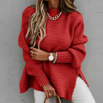 Women Casual Winter Turtle Neck Loose Solid Color Long Sleeve Thick Side-slit Knitted Sweater