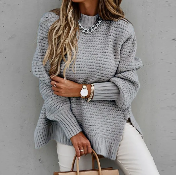 Women Casual Winter Turtle Neck Loose Solid Color Long Sleeve Thick Side-slit Knitted Sweater