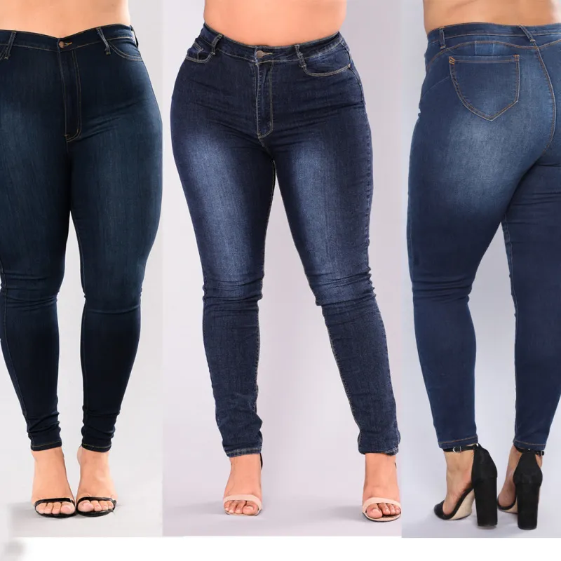 Plus Size Women High Waist Elastic Slim Fit Denim Pencil Skinny Jeans