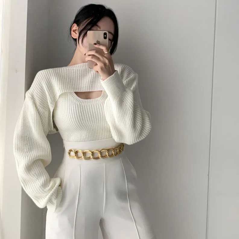 Women Elegant Edgy Autumn Temperament Slim Sweater Casual Two-Piece Set