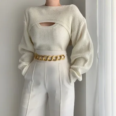 Women Elegant Edgy Autumn Temperament Slim Sweater Casual Two-Piece Set