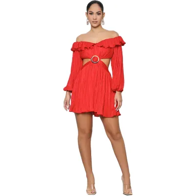 Women Elegant Autumn Long-sleeved Solid Color Off-the-shoulder Ruffled Rompers