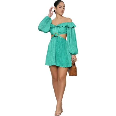 Women Elegant Autumn Long-sleeved Solid Color Off-the-shoulder Ruffled Rompers