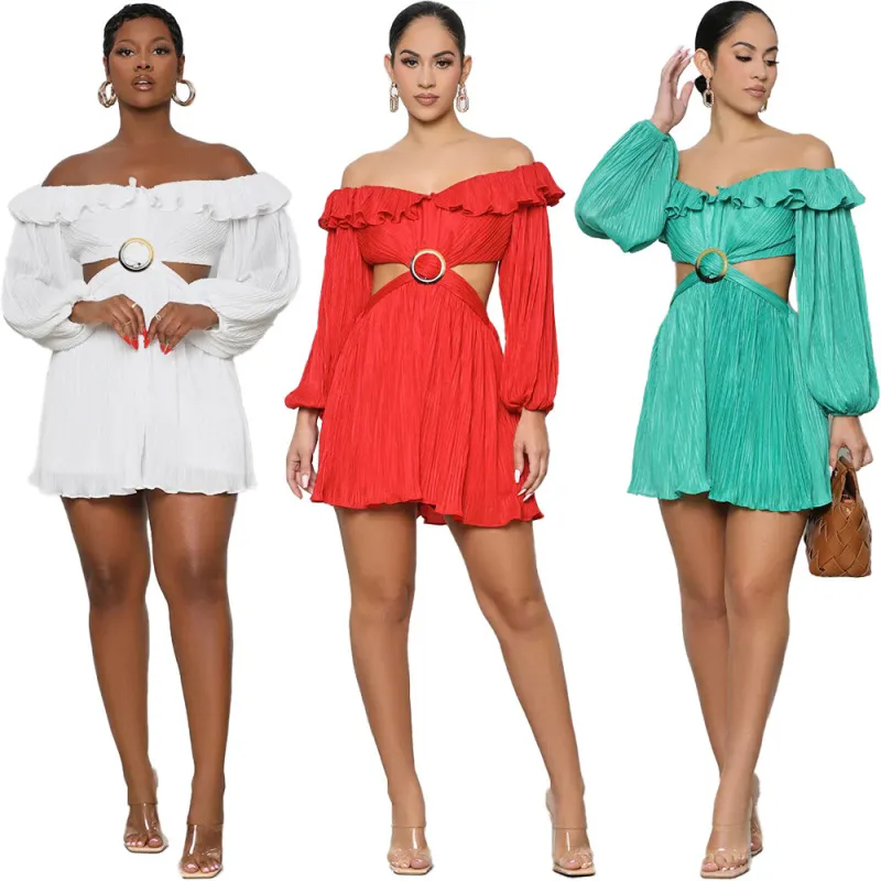 Women Elegant Autumn Long-sleeved Solid Color Off-the-shoulder Ruffled Rompers
