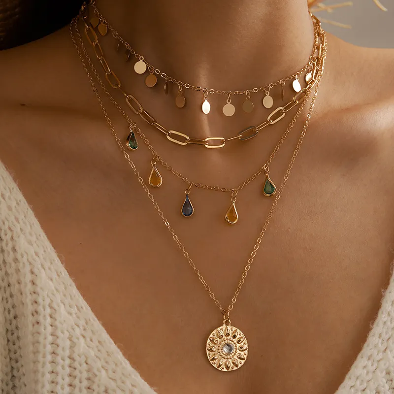Women Fashion Geometric Disc Alloy Rhinestone Tassel Pendant 4 Layers Necklace