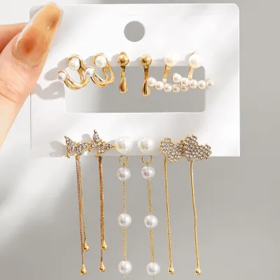 Women Simple Pearl Heart Butterfly Tassel Earrings