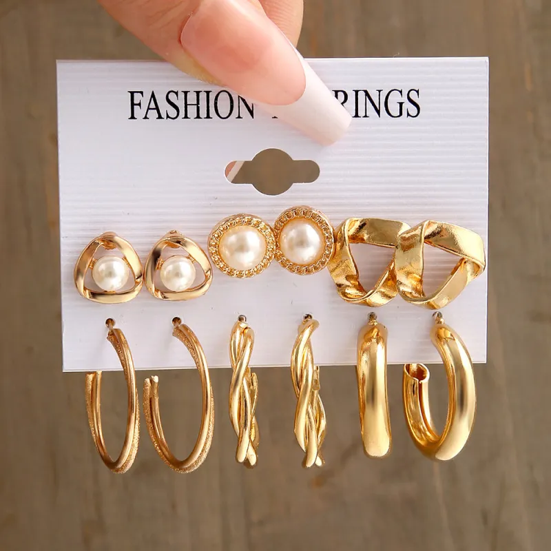 Women Fashion Simple Geometric Diamond 6-Piece Pearl Earrings Set