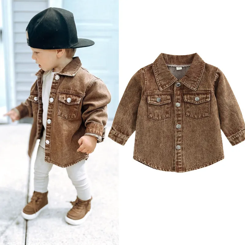 Children Kids Toddler Boys Girls Casual Solid Color Long-Sleeved Lapel Cotton Shirt Jacket