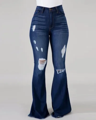 Women High Elastic Ripped High Waist Flared Jeans