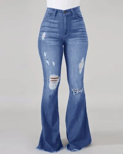 Women High Elastic Ripped High Waist Flared Jeans