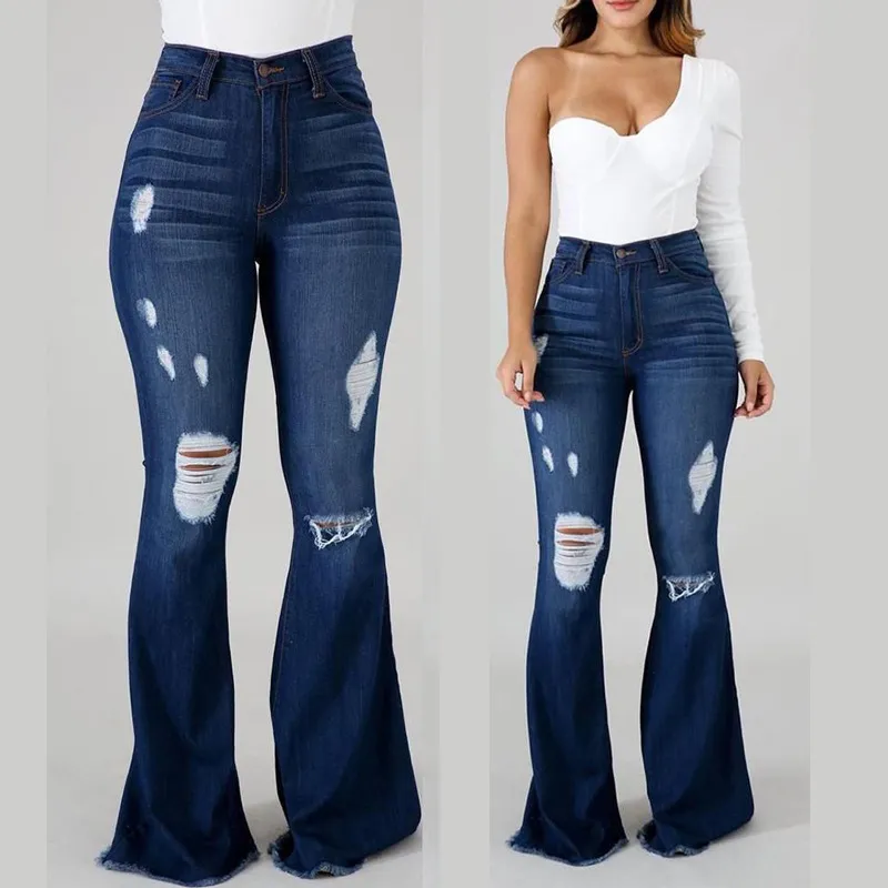 Women High Elastic Ripped High Waist Flared Jeans