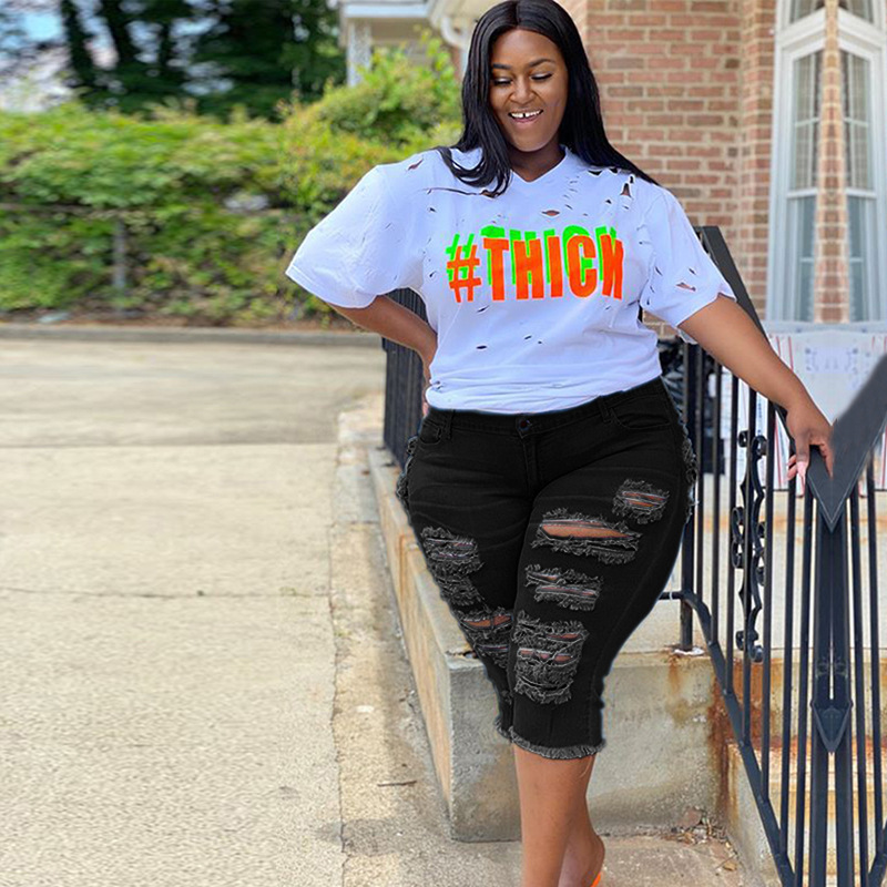 Wholesale Plus Size Women Tight High Waist Stretch Pencil Ripped Jeans