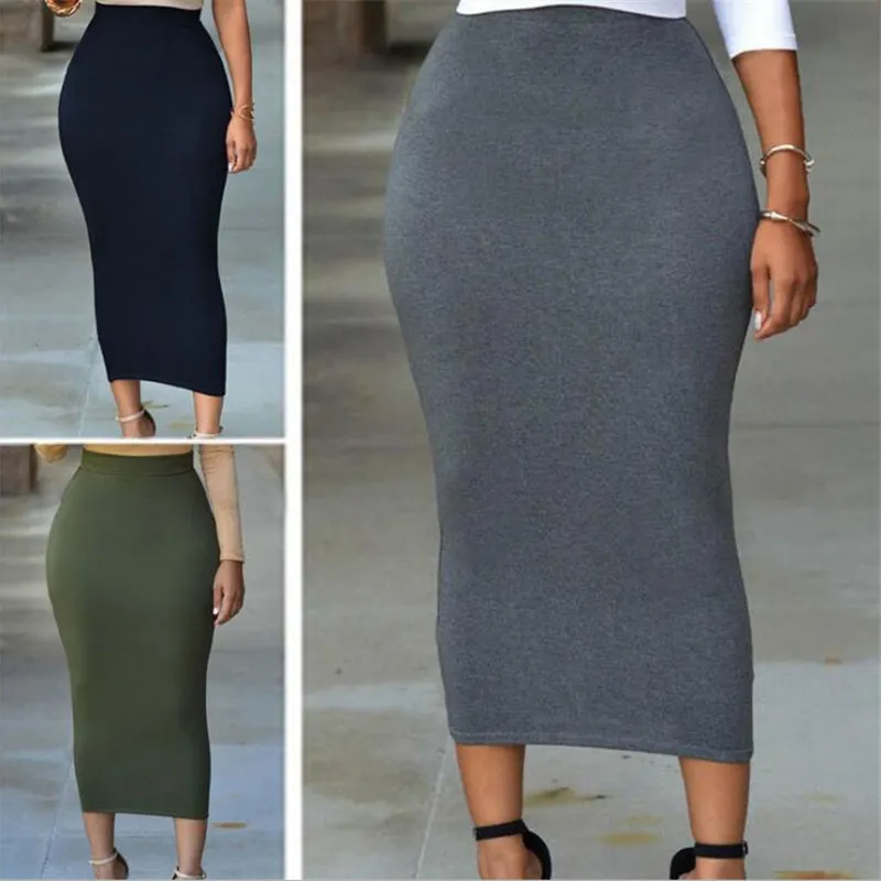 Women Elastic Waist Pack Hip Tight Skirt Solid Color