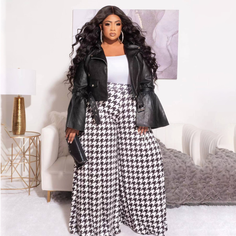 Wholesale Plus Size Women Casual Houndstooth Wide Leg Pants