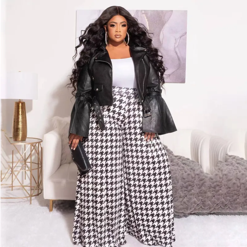 Plus Size Women Casual Houndstooth Wide Leg Pants