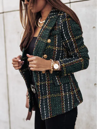 Autumn Women Office Casual Long-Sleeved Double-Breasted Plaid Blazer Coat