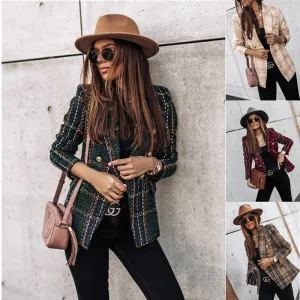 Autumn Women Office Casual Long-Sleeved Double-Breasted Plaid Blazer Coat