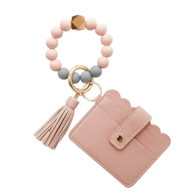 Beaded Silicone Bracelet Keychain Pendant Leather PU Tassel Card Holder Leopard Pattern