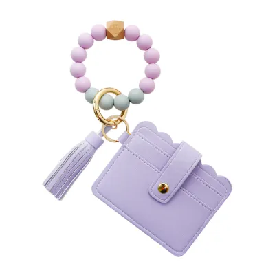 Beaded Silicone Bracelet Keychain Pendant Leather PU Tassel Card Holder Leopard Pattern