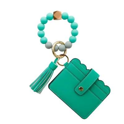 Beaded Silicone Bracelet Keychain Pendant Leather PU Tassel Card Holder Leopard Pattern