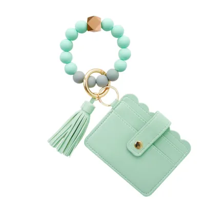 Beaded Silicone Bracelet Keychain Pendant Leather PU Tassel Card Holder Leopard Pattern