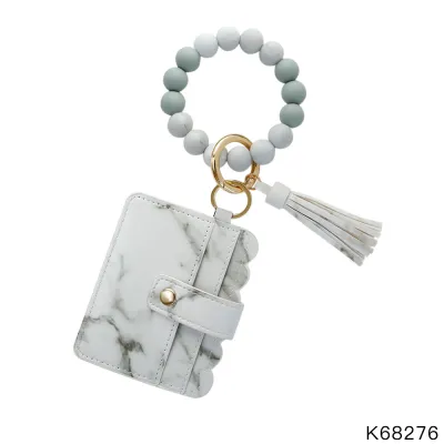 Beaded Silicone Bracelet Keychain Pendant Leather PU Tassel Card Holder Leopard Pattern
