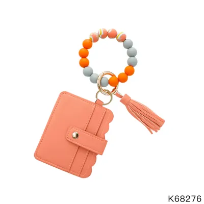 Beaded Silicone Bracelet Keychain Pendant Leather PU Tassel Card Holder Leopard Pattern