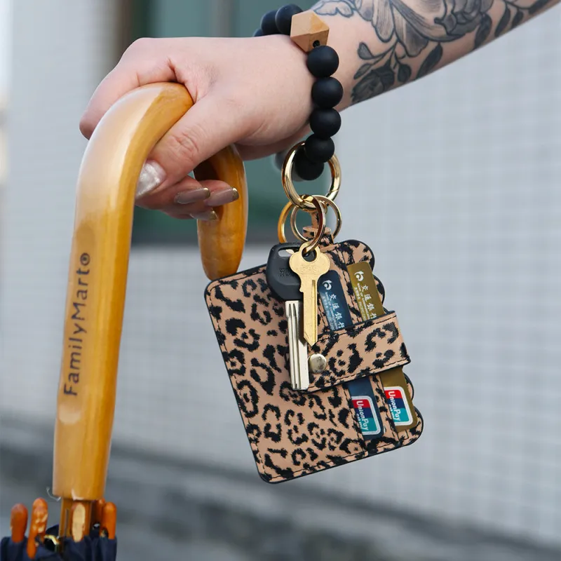Beaded Silicone Bracelet Keychain Pendant Leather PU Tassel Card Holder Leopard Pattern