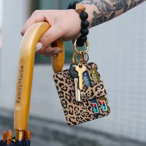 Beaded Silicone Bracelet Keychain Pendant Leather PU Tassel Card Holder Leopard Pattern