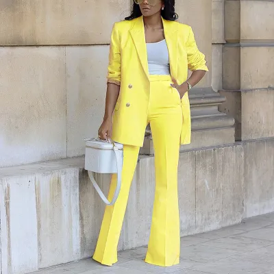 Women Fashion Solid Color Casual Blazer And Wide-Leg Pants Two-Piece Suit