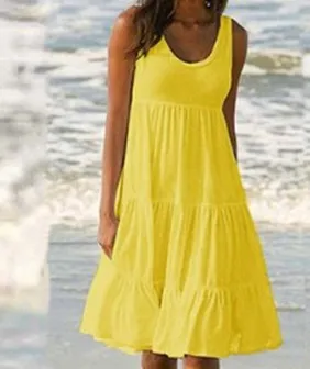Women Casual Solid Color Sleeveless Round Neck Ruffled Loose Dress