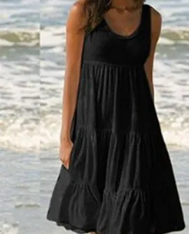 Women Casual Solid Color Sleeveless Round Neck Ruffled Loose Dress
