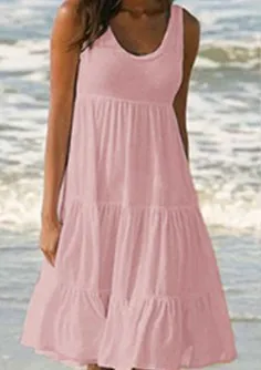 Women Casual Solid Color Sleeveless Round Neck Ruffled Loose Dress