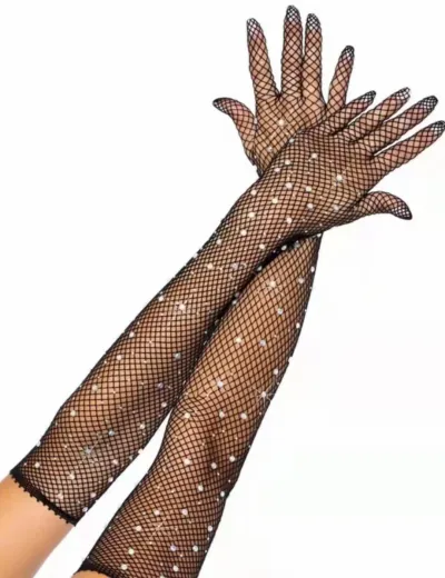 Women Fashion Solid Color Mesh Stretch Colored Diamond Gloves